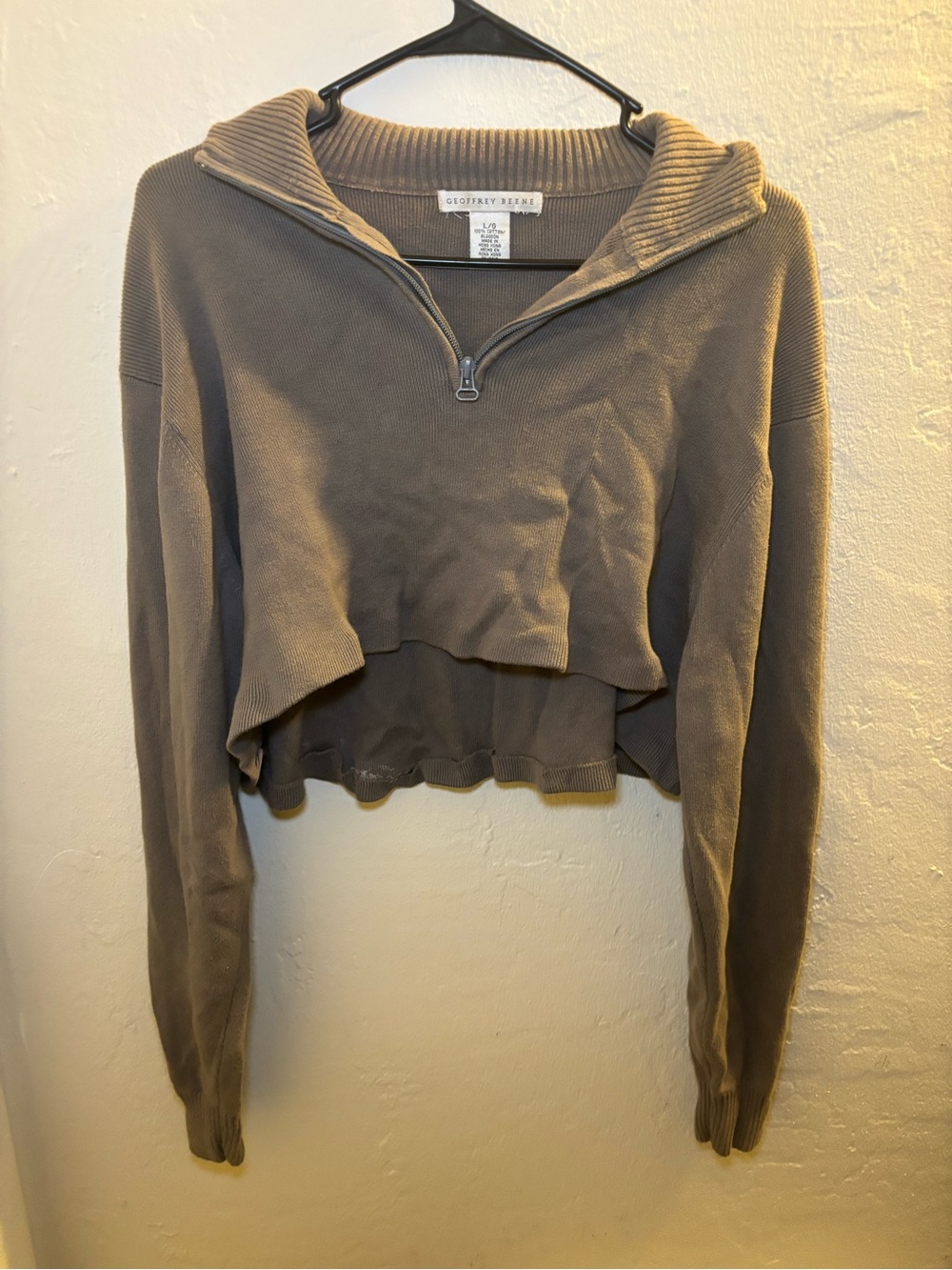 Geoffrey Beene Taupe Cropped Half-Zip Hoodie Top